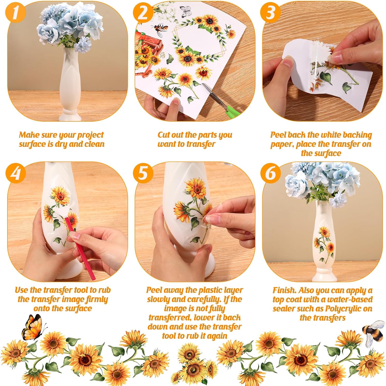 Sunflower Rub on Transfer for Furniture and Craft, 4 Sheets I29034