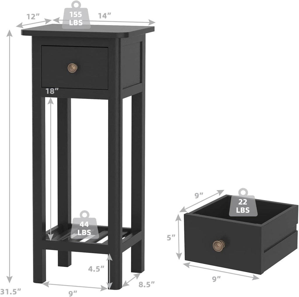 GORELAX Narrow End Table Set of 2 with Drawer & Shelf, Black V9015