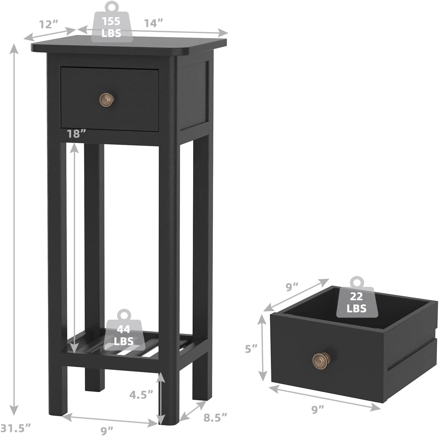GORELAX Narrow End Table Set of 2 with Drawer & Shelf, Black V9015