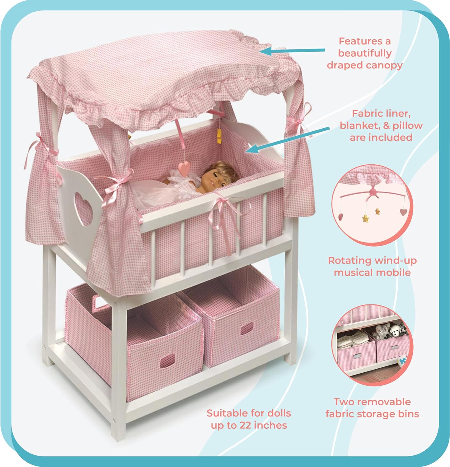 Badger Basket Toy Doll Bed with Storage Baskets and Musical Mobile, White/Pink R614082