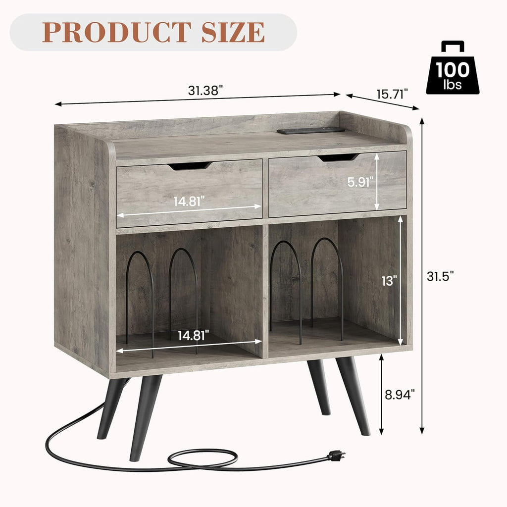Record Player Stand with Storage, Farmhouse Turntable Cabinet, Gray S683