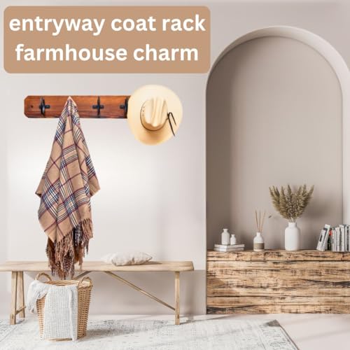 Rustic Wall Mount Coat Rack with Horseshoe Hooks, 36.5" Wooden, Brown and Black Z36334