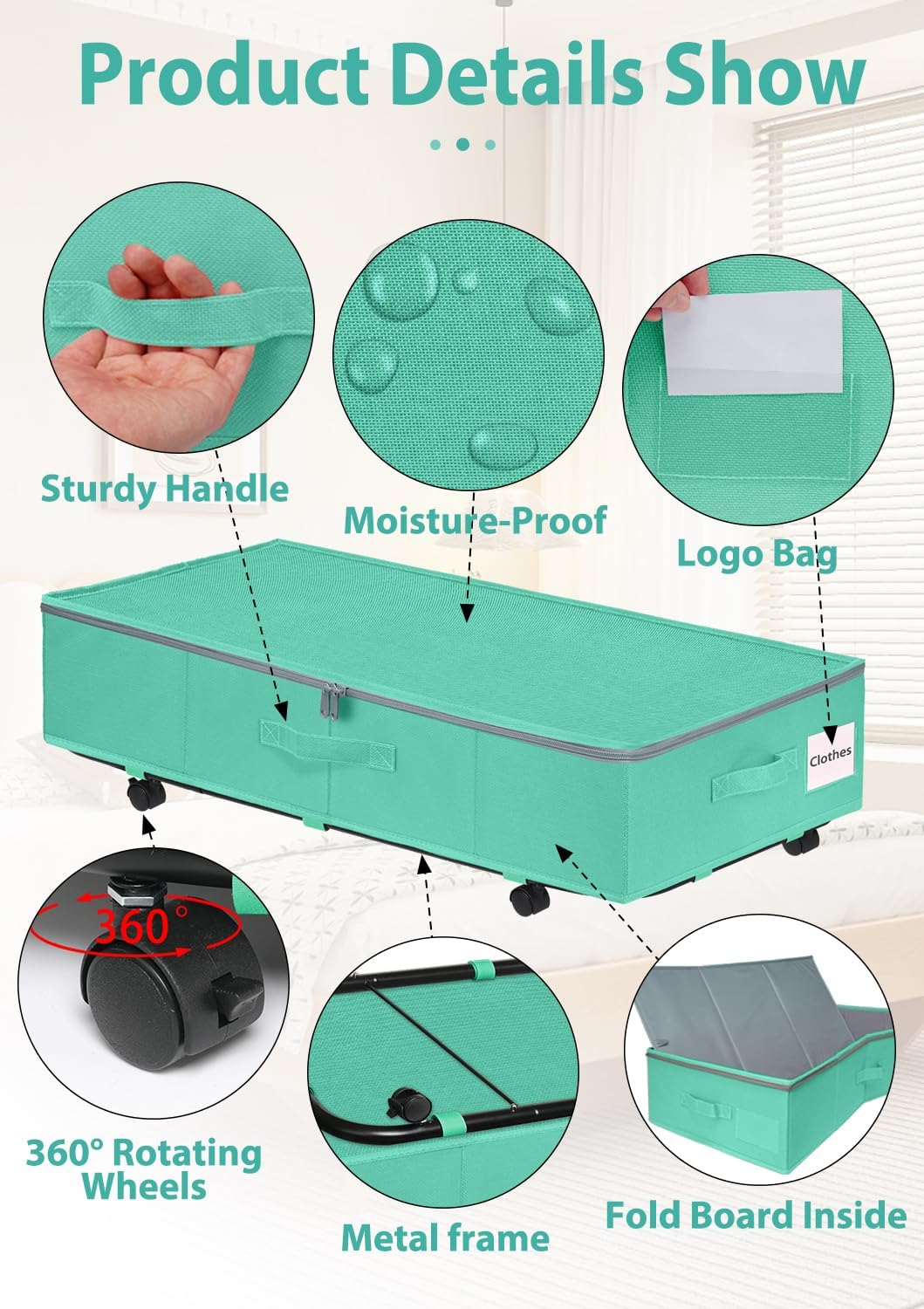 punemi Under Bed Storage Containers with Wheels, 2 Pack Large Foldable, Teal Blue Z4517