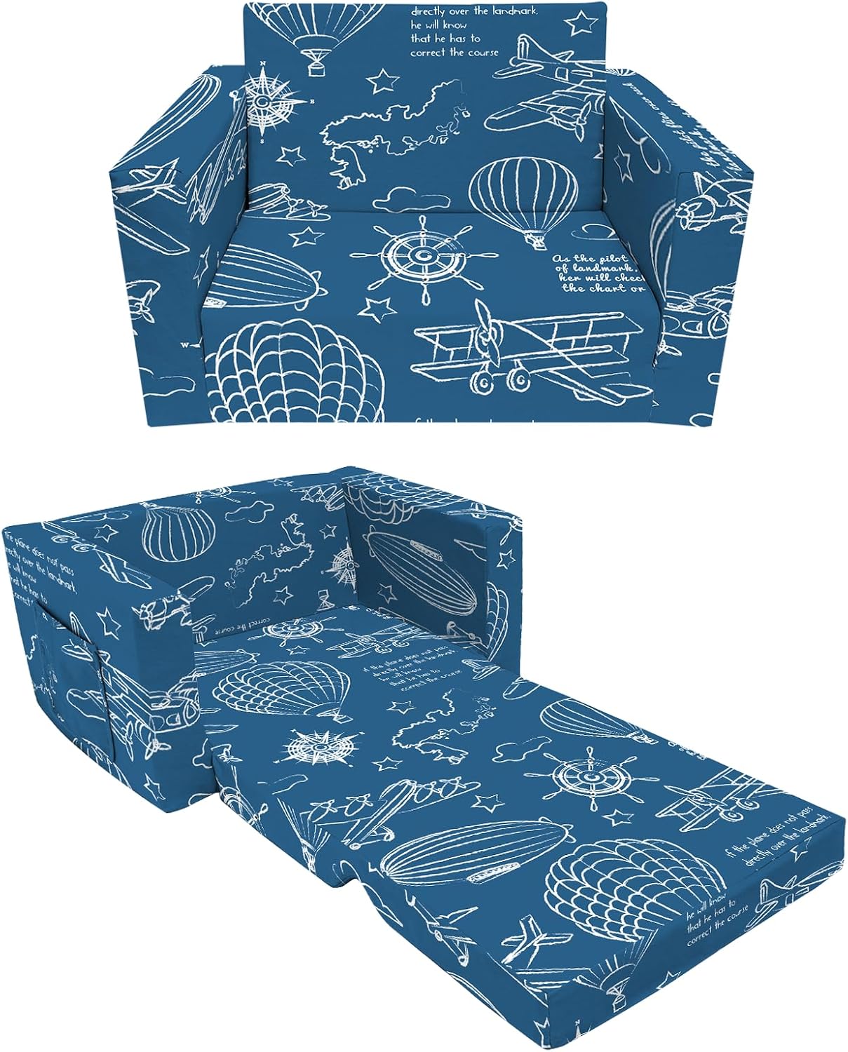 Extra Soft 2 Seats 2 in 1 Flip Open Chair & Sleeper, Cute Dinosaur Print for Toddlers (Blue-Balloon) Y574