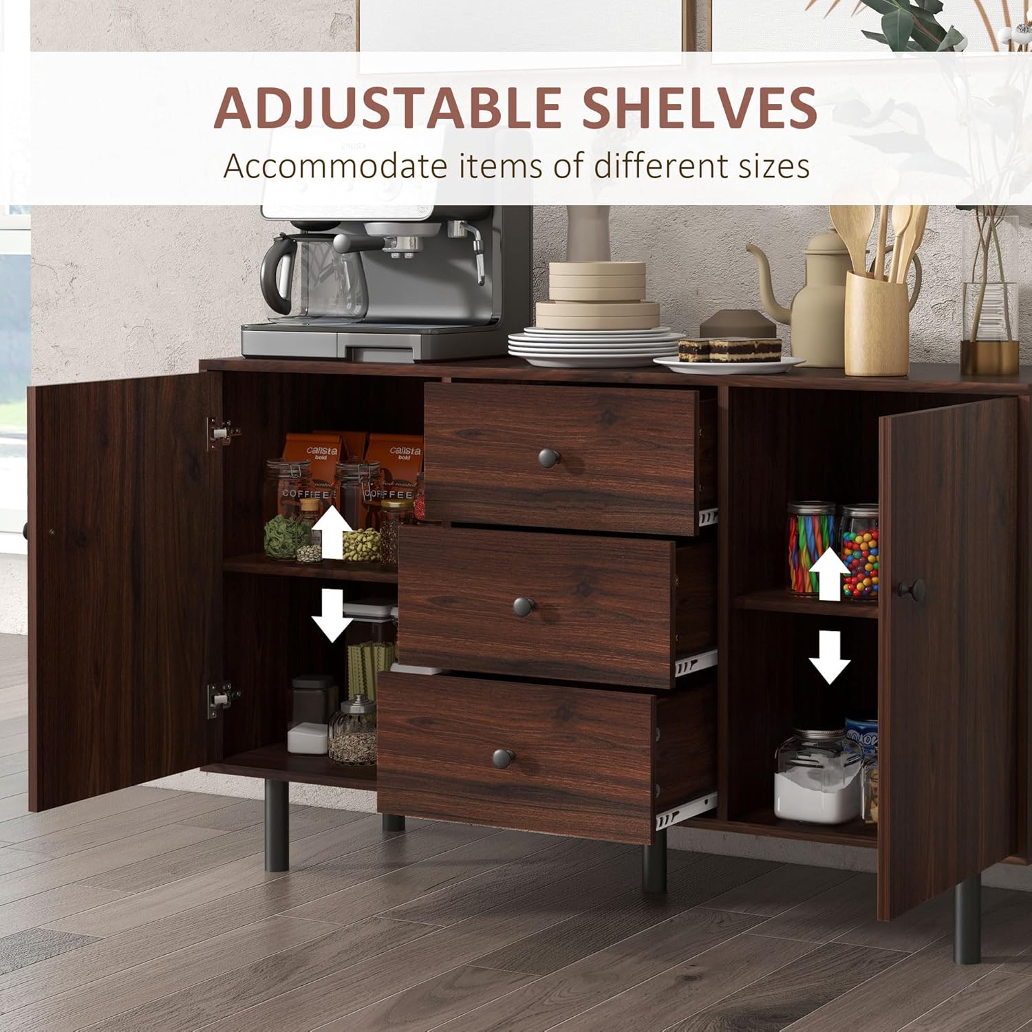 HOMCOM Sideboard Buffet Cabinet with 2 Cupboards, 3 Drawers, Brown X7695