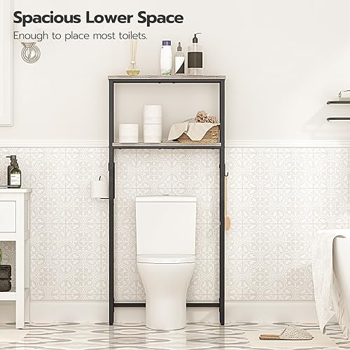 HOOBRO Over The Toilet Storage, 2-Tier Bathroom Organizer Shelf with Toilet Paper Holder, Greige and Black F6736