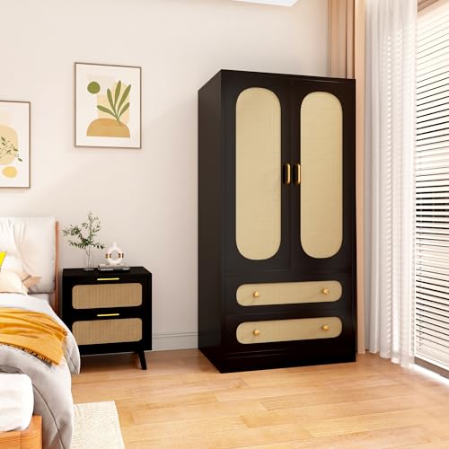 2 Door Rattan Wood Wardrobe with Drawers & Hanging Rail, Black A31157