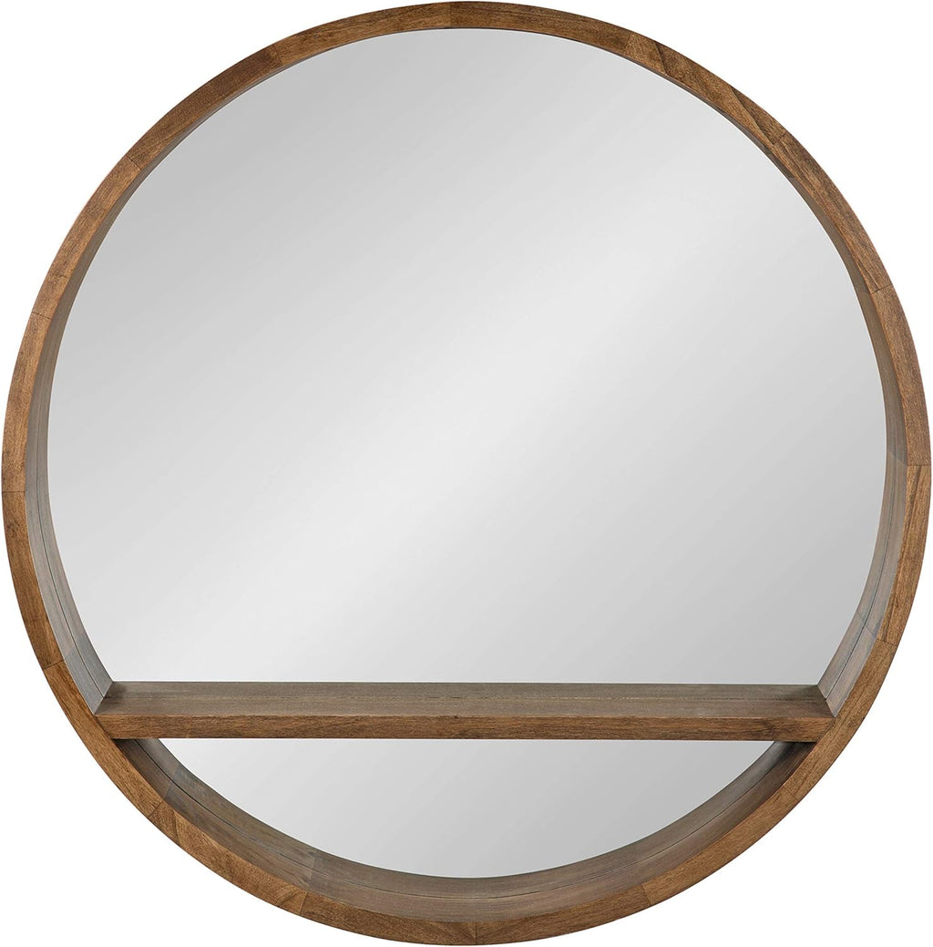 Kate and Laurel Hutton Round Mirror with Shelf, 30" Diameter, Rustic Brown K611
