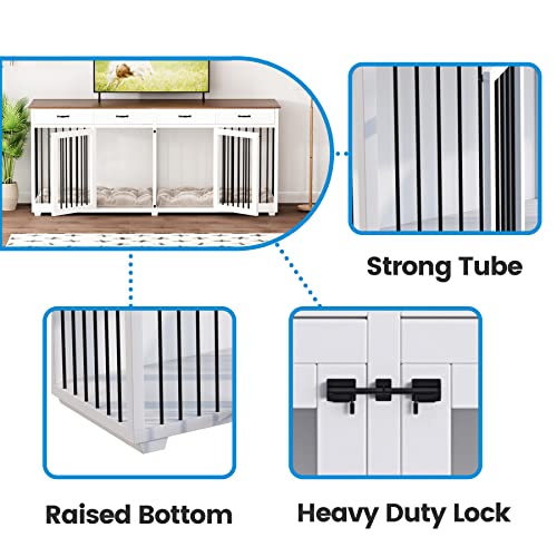Large Dog Crate Furniture 86.6 Inch Wooden Kennel with Drawers & Divider, White E22647