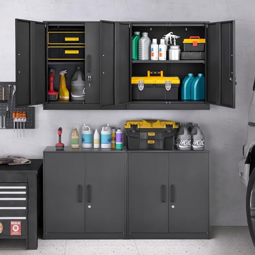 Metal Wall Cabinet with 2 Doors and Lock, 27.95" H, Black & Grey M850649