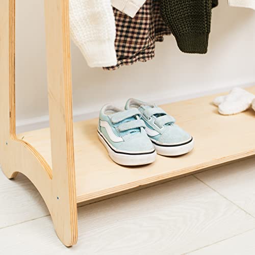 Montessori Wooden Clothing Rack for Toddler Wardrobe Storage (Dark Walnut) C9851