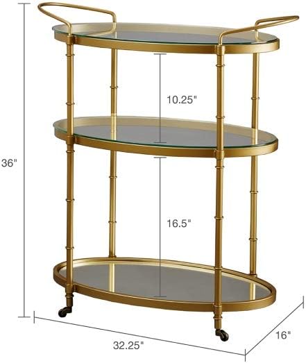 Antique Gold Bar Cart with Glass Shelves, Rolling Beverage Serving Cart M42000