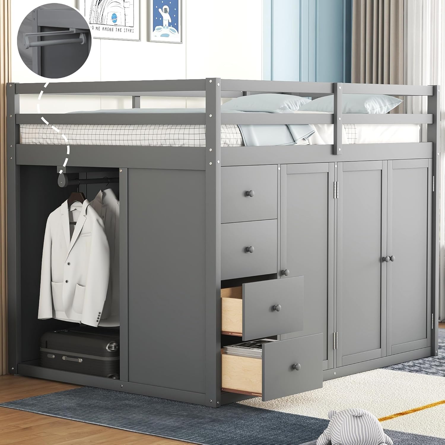Full Size Wooden Loft Bed with Built-in Wardrobes and Staircase, Gray R8935