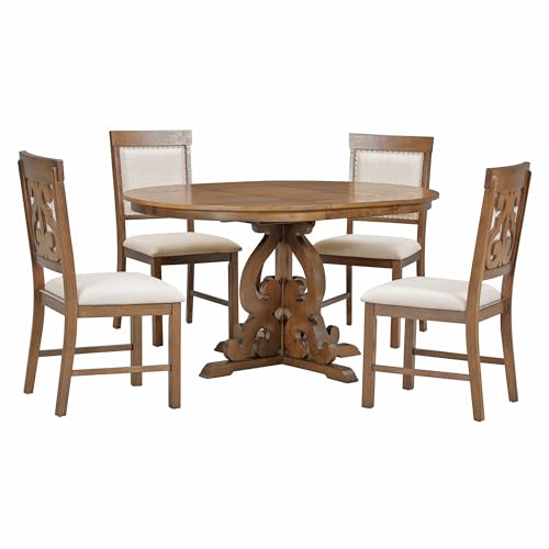 5-Piece Farmhouse Wood Dining Table Set with 4 Upholstered Chairs, Brown R402