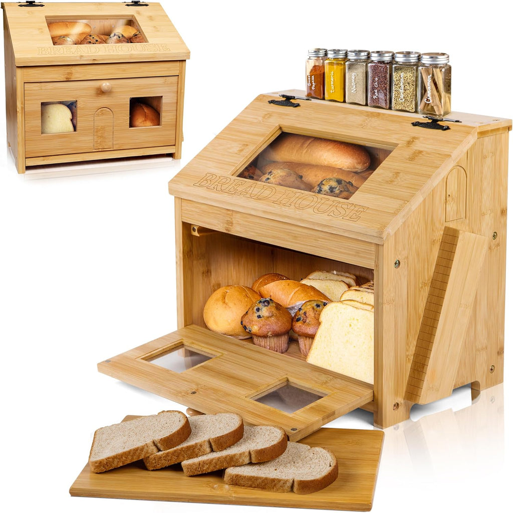 Bamboo Bread Box for Kitchen Countertop with Cutting Board J958281