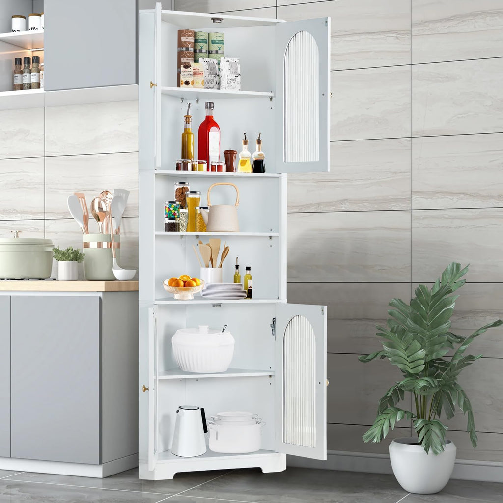 Corner Cabinet with 4 Glass Doors & LED, White Storage Cabinet with 6 Shelves X635813