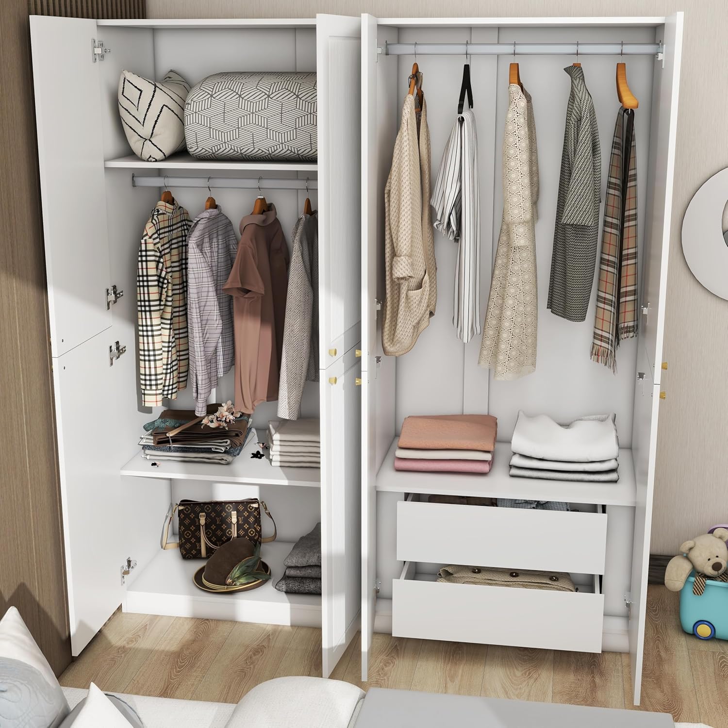 4 Door European Modern Wardrobe Wood White with 2 Storage Drawers A128