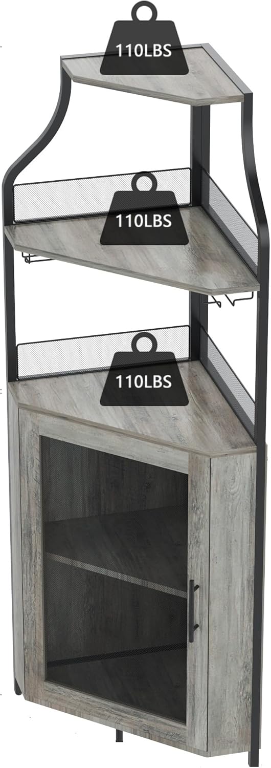 Corner Wine Cabinet Corner Bar with Detachable Wine Rack and Glass Holder, Farmhouse Style Furniture Bar with Mesh Door, 18.5" D x 13.4" W x 60.6" H，Grey