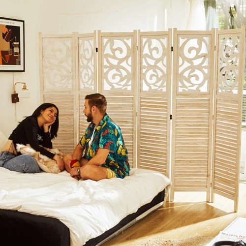 Folding Room Divider 6 Panels Wood Carved Privacy Screen White-Washed D48058