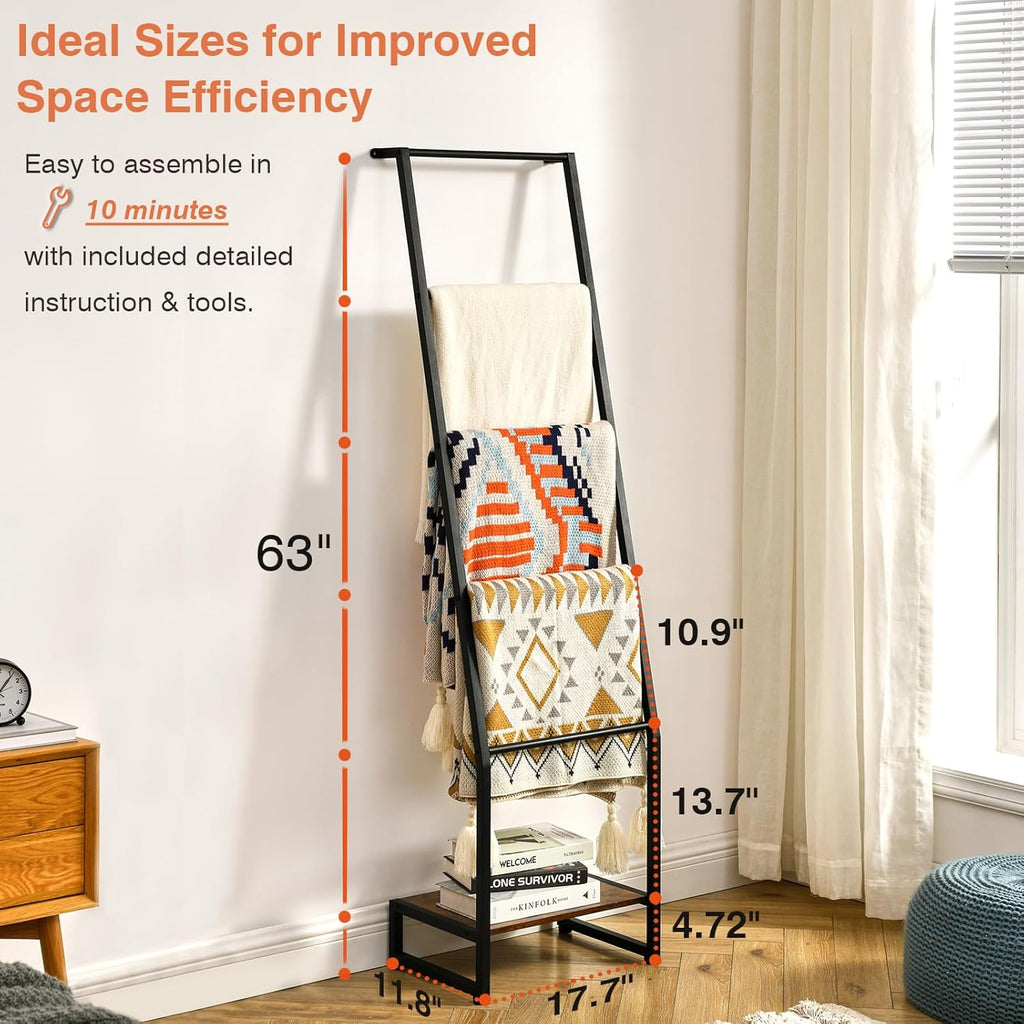 5 Tier Wooden Blanket Ladder for Living Room Bedroom Storage, Rustic Brown and Black R86079