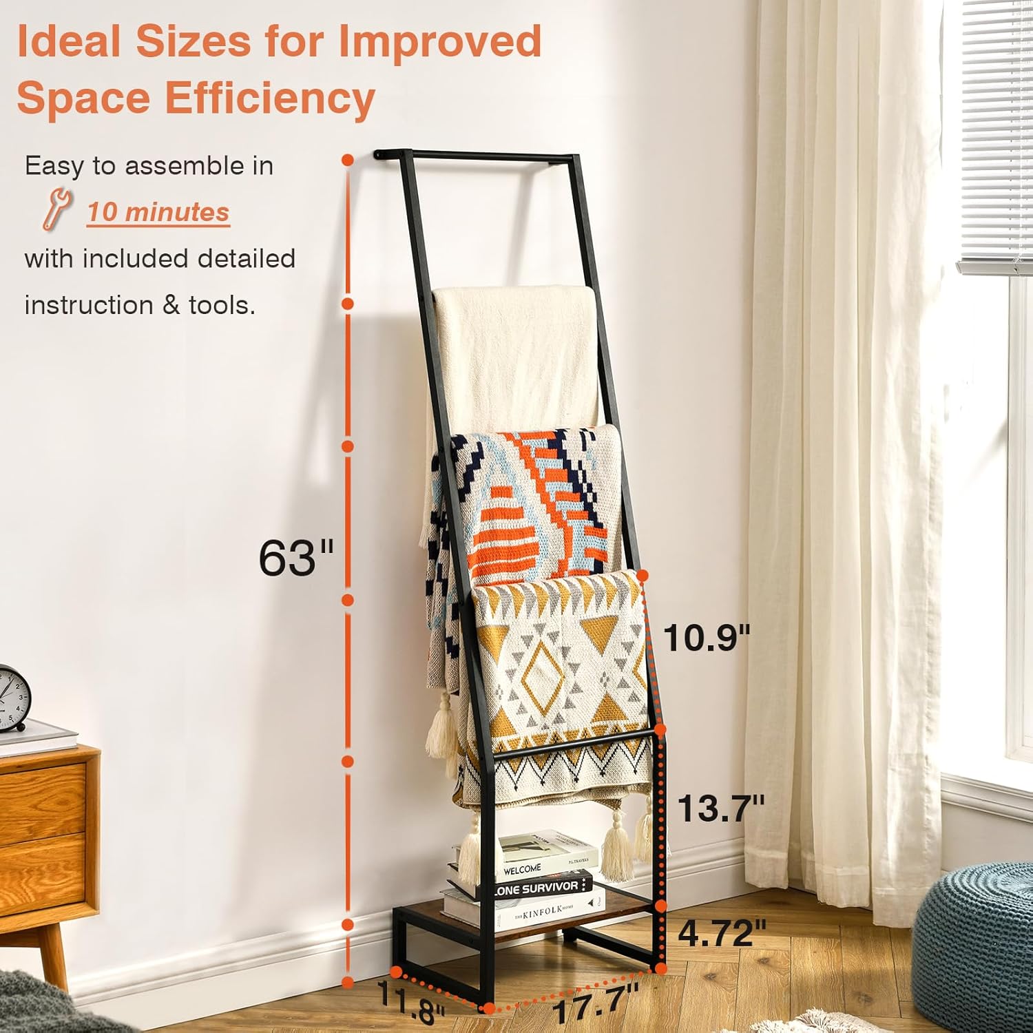 5 Tier Wooden Blanket Ladder for Living Room Bedroom Storage, Rustic Brown and Black R86079