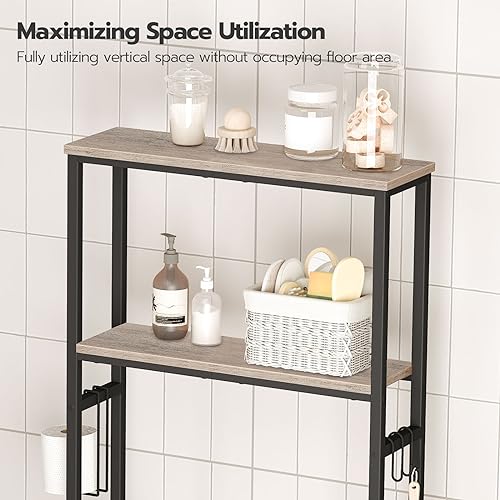 HOOBRO Over The Toilet Storage, 2-Tier Bathroom Organizer Shelf with Toilet Paper Holder, Greige and Black F6736