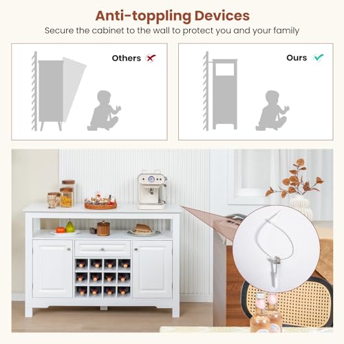 Giantex Bar Cabinet with Storage, 12-Bottle Wine Rack, 2 Doors & Drawer, White B390619