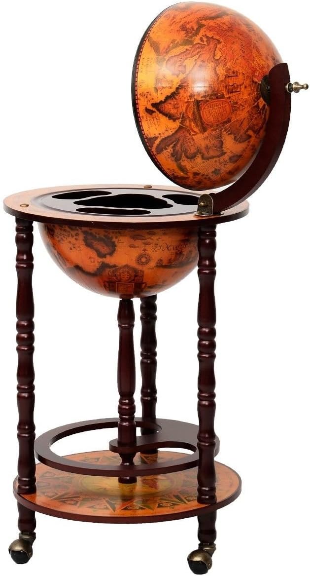 36 Inches Vintage Italian Wood Globe Bar Shelf with Wheels I36734