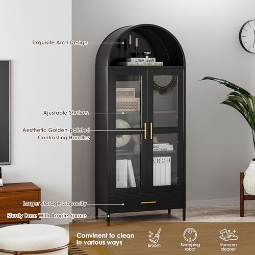 Metal Arched Storage Display Cabinet with Glass Doors, Black L3194