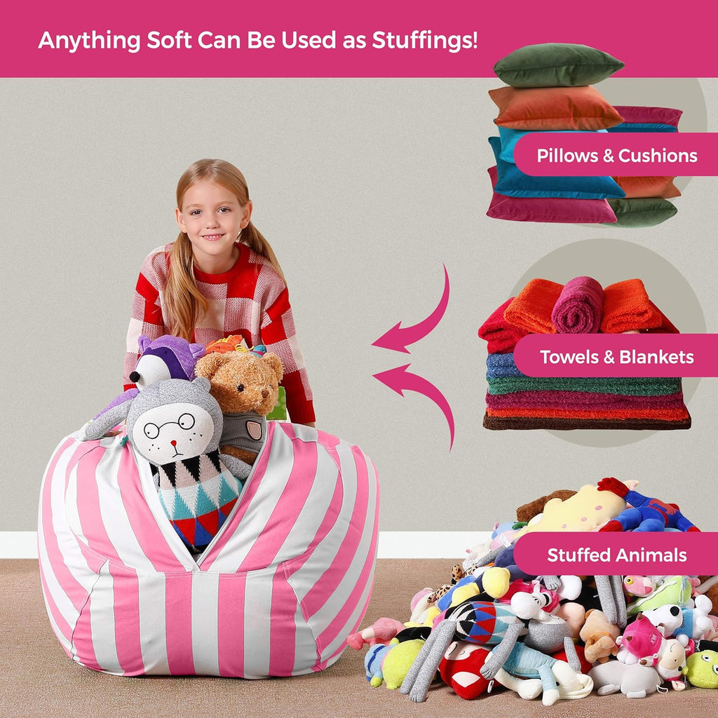 Aubliss Stuffed Animal Bean Bag Storage Chair, Canvas Stripes Pink/White, Medium 32" H473500