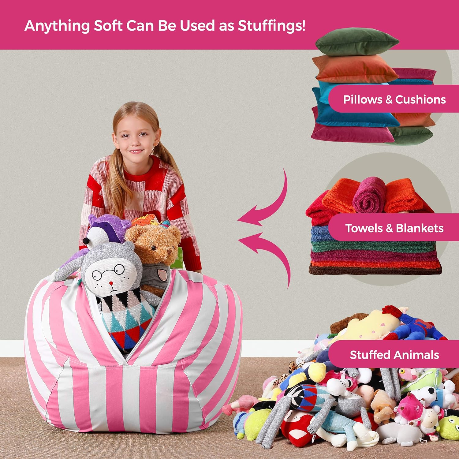 Aubliss Stuffed Animal Bean Bag Storage Chair, Canvas Stripes Pink/White, Medium 32" H473500