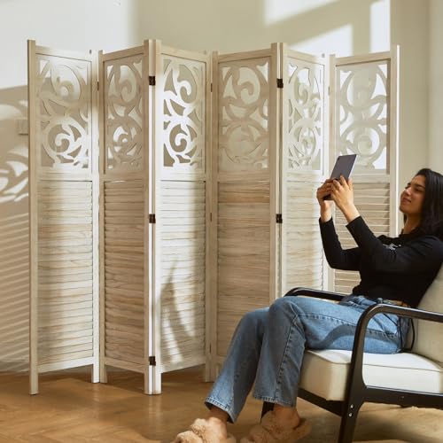 Folding Room Divider 6 Panels Wood Carved Privacy Screen White-Washed D48058