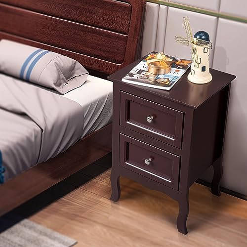 Gray Nightstand Set of 2 with 2 Drawers, Farmhouse Bedside Table T5108