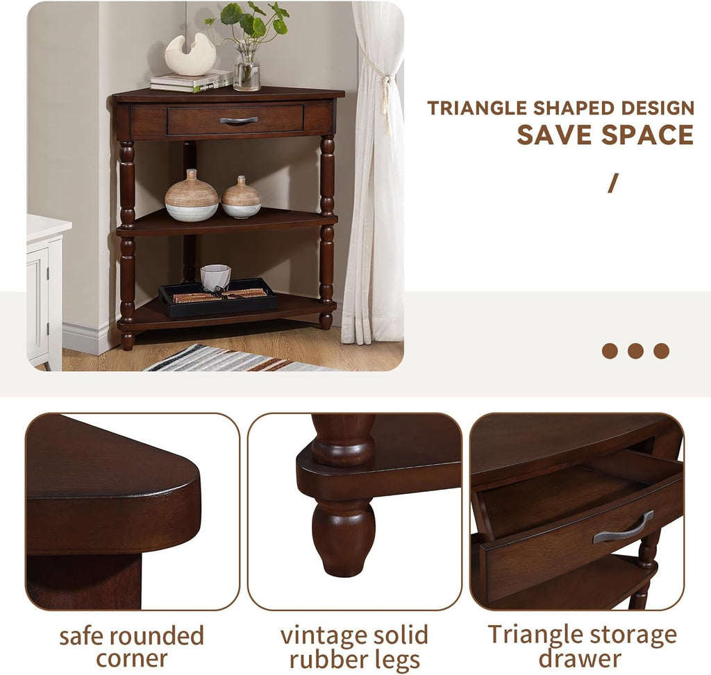 Classical Triangle Corner Table with Storage Drawer, Solid Wood Legs U847779