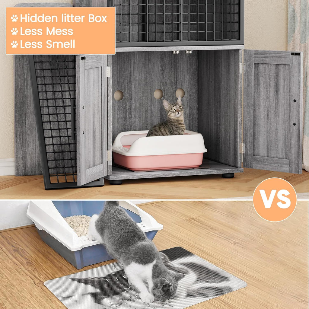 Towallmark Modern Villa Cat Litter Box Enclosure with Platform, Large Cat Cabinet, Wax Wood E336