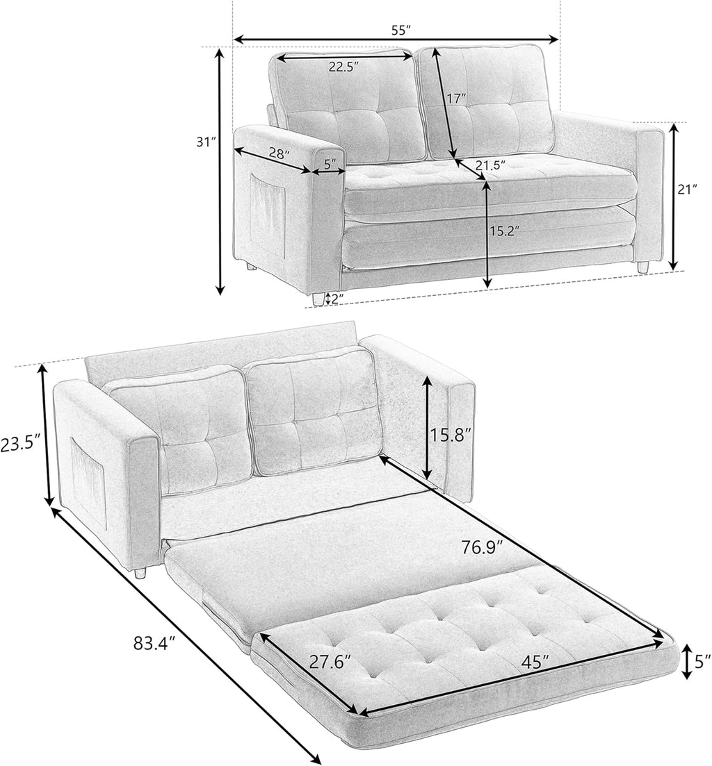 CITYLIGHT 3 in 1 Folding Sofa Bed with Storage Pockets, Linen Convertible Couch, Dark Gray D3261