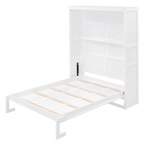 Queen Murphy Bed Folded to Wall Wooden Cabinet Bed with Cushion, White C177