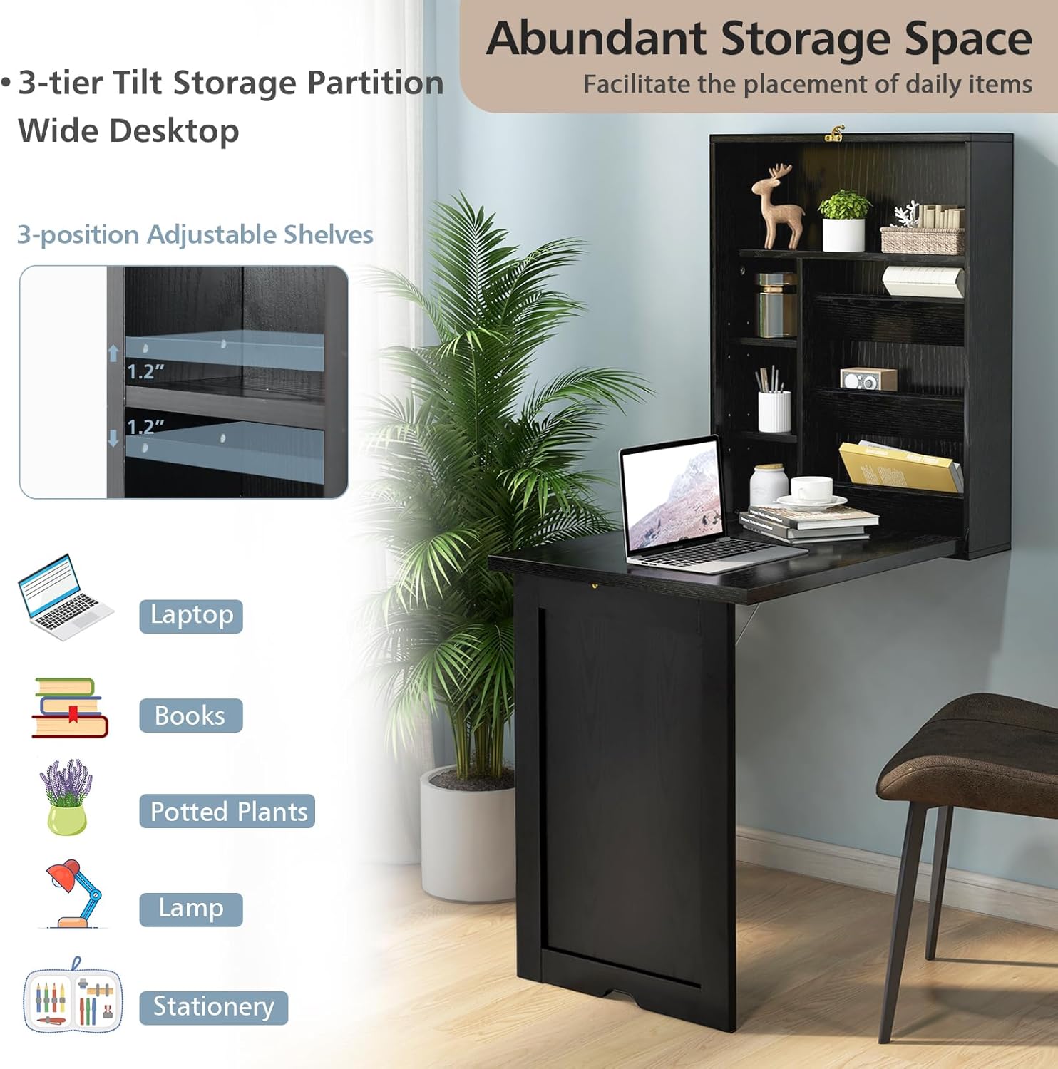 Wall Mounted Desk with Storage Shelves for Home Office, Black S5875