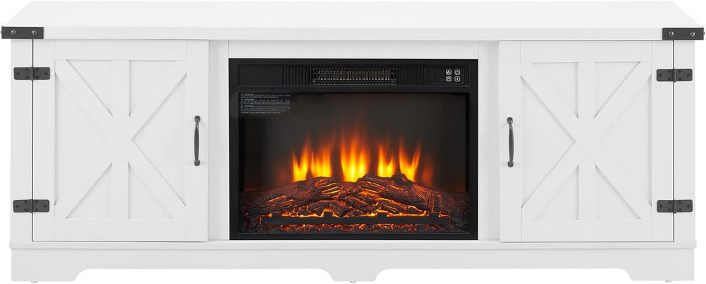 Modern Farmhouse TV Media Stand with Fireplace Insert, White E241