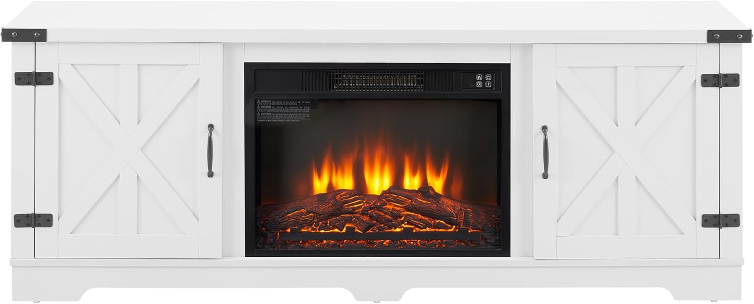 Modern Farmhouse TV Media Stand with Fireplace Insert, White E241