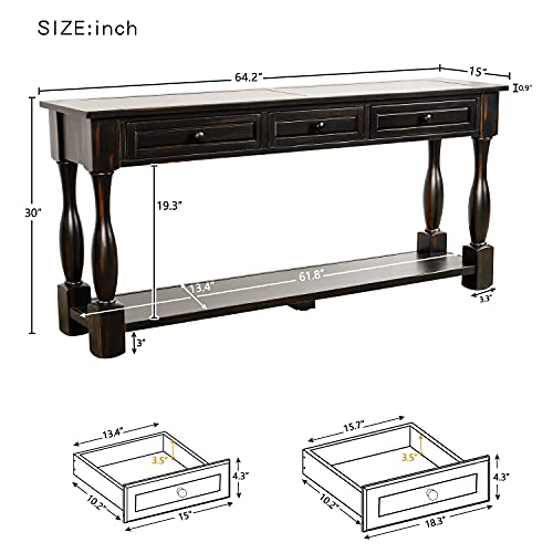 Solid Wood 64" Console Table with 3 Drawers and Bottom Shelf N538