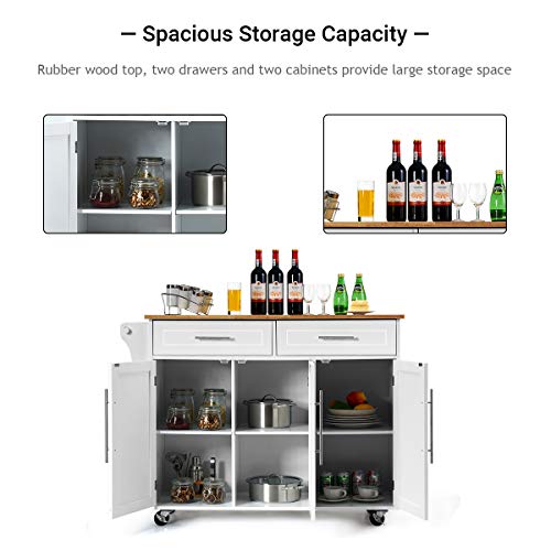 Giantex Kitchen Island Cart with Lockable Castors, 2 Drawers, 3 Door Cabinet, White F858