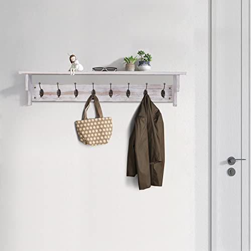 35" Wall Mount Coat Rack with Shelf, Rustic Wooden Entryway Organizer, White B979806