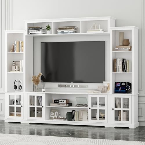 Wall Unit Entertainment Center, TV Wall Units for Living Room with Storage, 102" W Large Farmhouse TV Stand with Glass Doors, Ajustable Bookshelf & Bridge for Bedroom, Grey