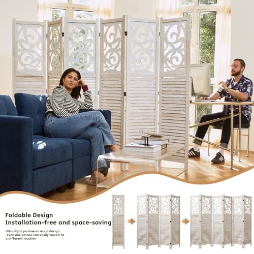 Folding Room Divider 6 Panels Wood Carved Privacy Screen White-Washed D48058
