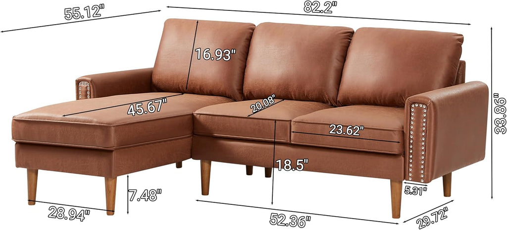 Lifeand 82.2" L-Shape Sofa Couch with Chaise, Mid-Century Copper Nail on Arms, Brown Q393