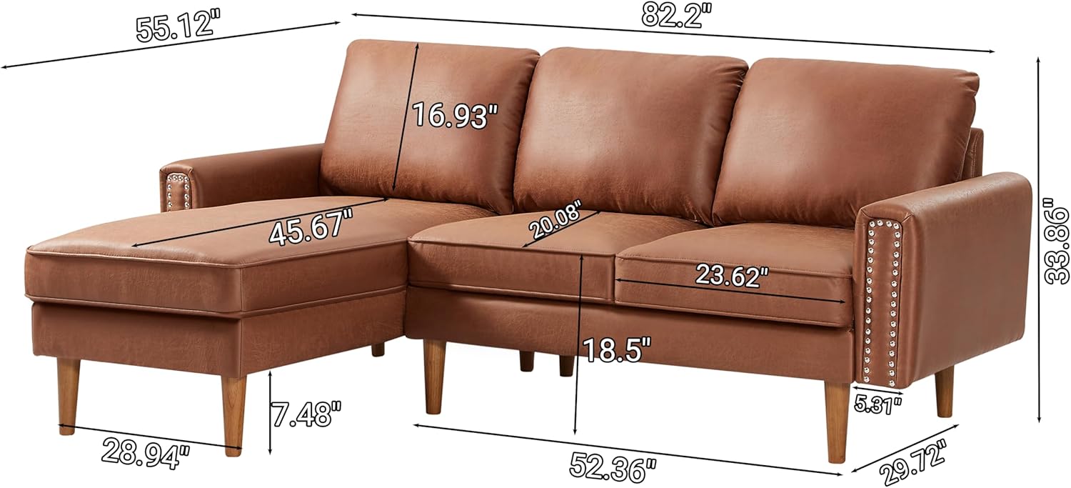 Lifeand 82.2" L-Shape Sofa Couch with Chaise, Mid-Century Copper Nail on Arms, Brown Q393
