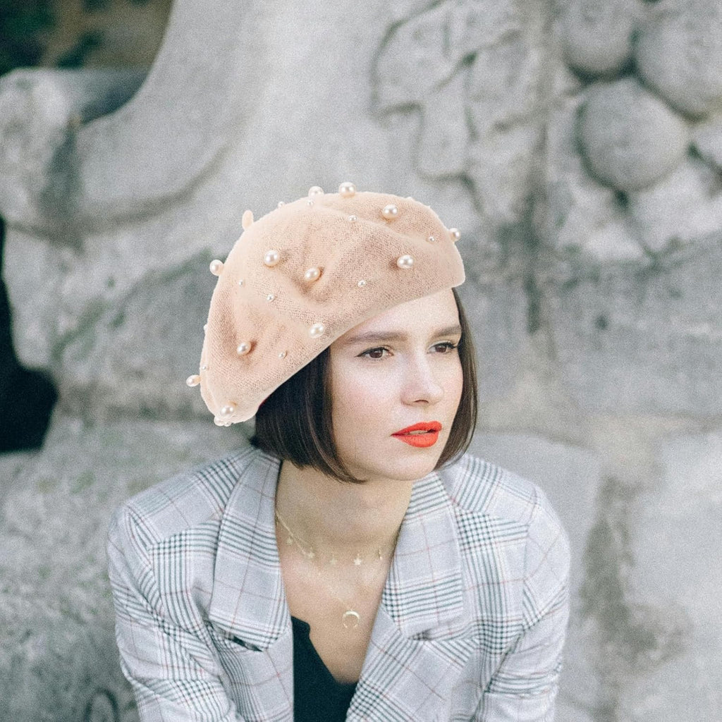 Beret Pearl Autumn Winter Cashmere Starry Beaded Wool Beret Beige V148989
