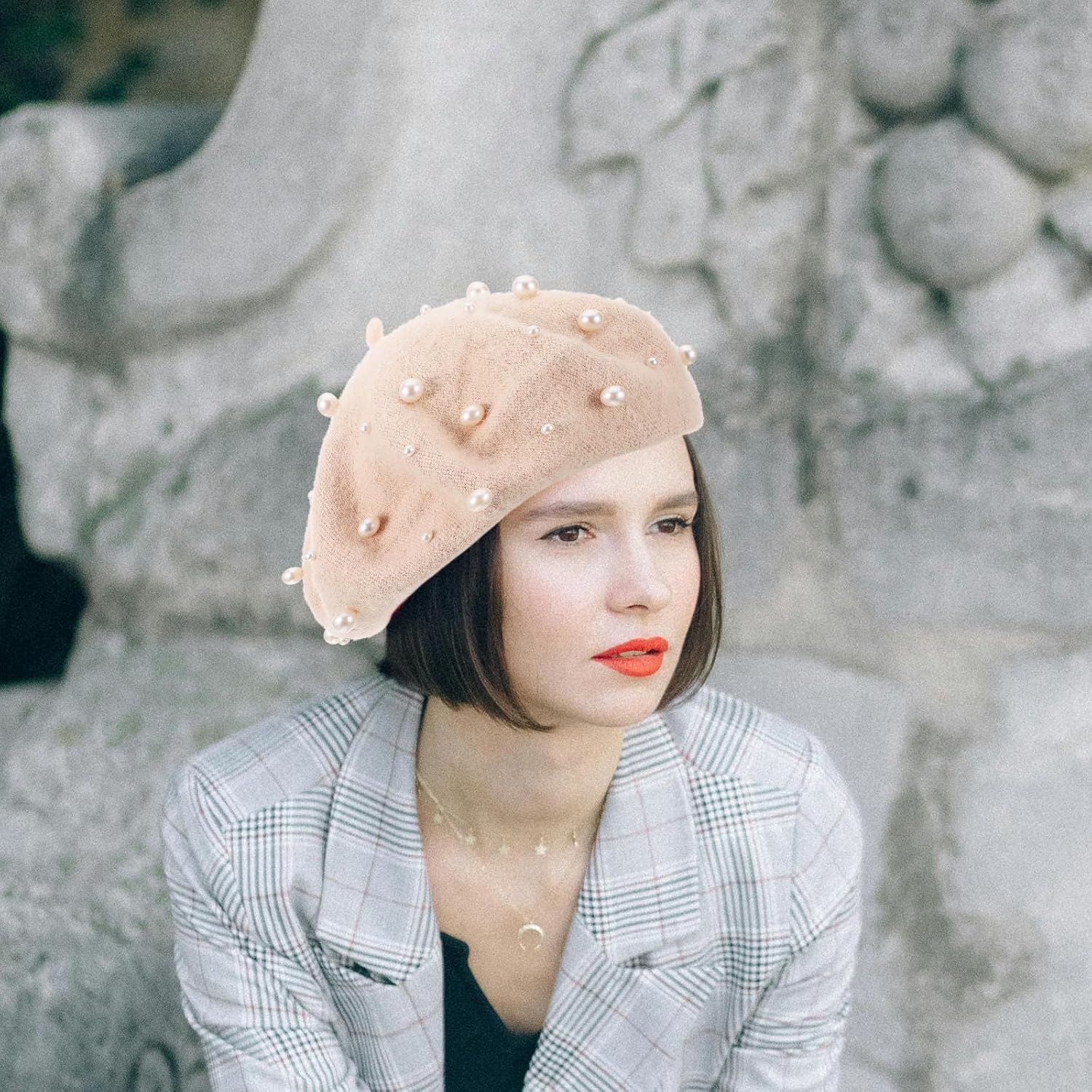 Beret Pearl Autumn Winter Cashmere Starry Beaded Wool Beret Beige V148989