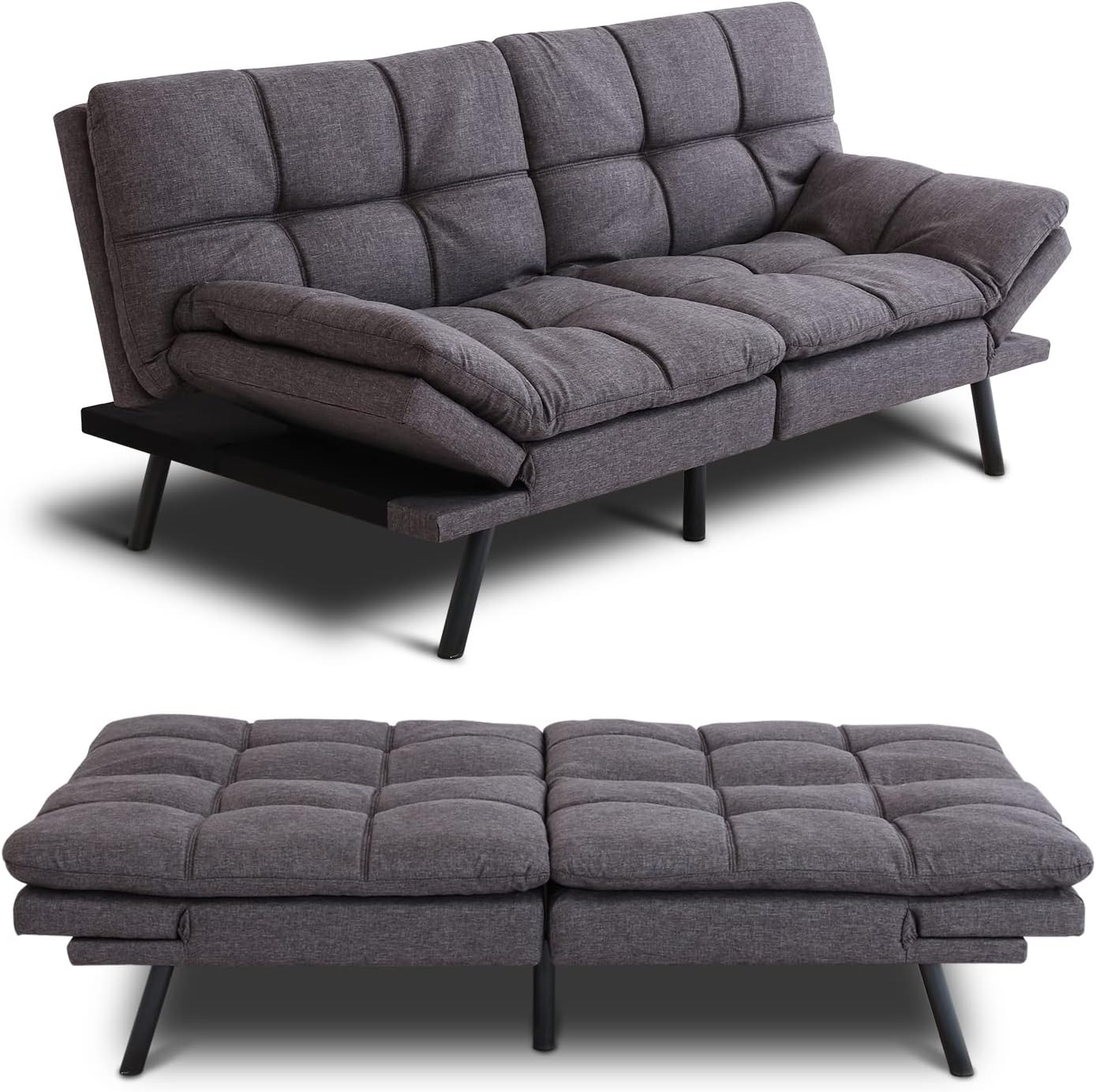 MUUEGM Futon Convertible Memory Foam Couch Bed, Modern Sleeper Sofa for Living Room Adjustable Armrests Backrests, Futon Sets for Compact Spaces Offices Apartments Dorm Bonus Room,Grey